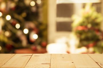 Christmas holiday background with empty wood table.