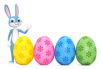 Happy Easter bunny isolated on white background with eggs indicates paw up. 3d render illustration.