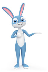 Happy Easter bunny isolated on a white background indicates hand. 3d render illustration.