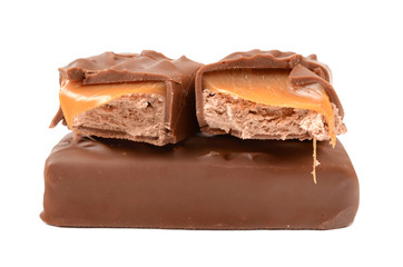 Chocolate with caramel on a white background