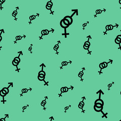 Obraz premium Seamless pattern of female and male romantic collection. Female and male black small signs different sizes. Pattern on turquoise background. Vector illustration