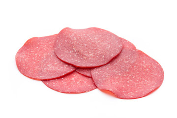 Salami smoked sausage one slice isolated on white background cutout.