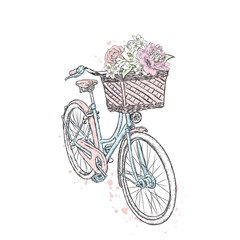 City street and vintage bicycle with basket of peonies, lilies and roses. Vector illustration for a card or poster.
