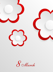 White abstract background with white flowers. Delicate 3D greeting card for the International Women's Day. Congratulations on March 8! Cut paper elements. Origami, applique. World Day of the woman. 