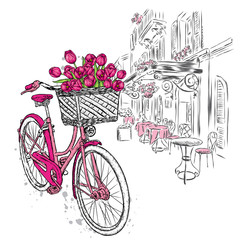 City street and vintage bicycle with basket of tulips. Vector illustration for a card or poster.