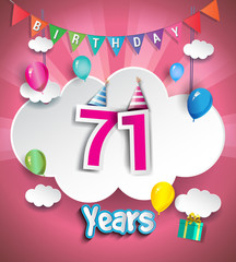 71 years birthday Celebration Design, with clouds and balloons, confetti. using Paper Art Design Style, Vector template elements for your birthday celebration party.