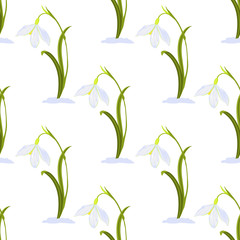 Beautiful snowdrop flowers (Galanthus nivalis) on white background. Vector seamless pattern