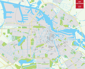 Mapa kolorów wektor Amsterdam, Holandia. Plan miasta Amsterdamu - 138180580