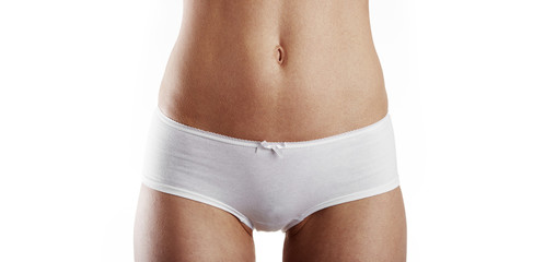 Closeup of female body in panties. Concept of stomach or menstrual pain. 