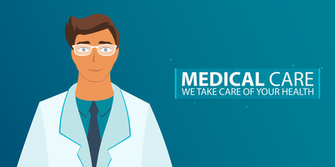 Poster with doctor. Medical care. Medical gown. Vector flat illustration.