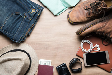 Concept of travel - View of Hipster Traveler accessories and items, Travel and Holiday vintage tone.