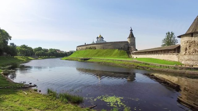 Static view on Ploskaya tower and Pskov Kremlin from side of Pskova river in Pskov, Russia

