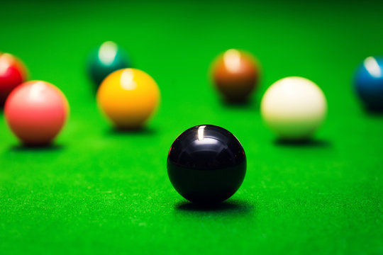 closeup of snooker balls on the green cloth table