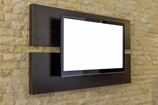 .Modern living room interior - TV on brick wall