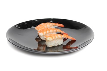 sushi set, shrimp and  rolls seaweed caviar in plate  on white background