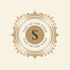 The letter S. Flourishes calligraphic monogram emblem template. Luxury elegant frame ornament line logo design vector illustration. Example designs for Cafe, Hotel, Heraldic, Restaurant, Boutique