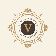 The letter V. Flourishes calligraphic monogram emblem template. Luxury elegant frame ornament line logo design vector illustration. Example designs for Cafe, Hotel, Heraldic, Restaurant, Boutique