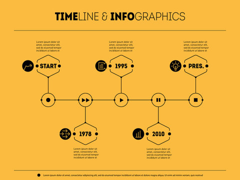 Timeline infographic with icons and buttoms - record, rewind, play, pause, stop. Business concept with options, parts, steps or technology processes. Time line of Social tendencies and trends graph.