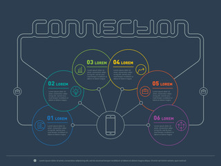 Infographic of technology or education process with inscription "connection". Web Template of a chart, diagram or presentation made from lines. Business concept with 6 options.