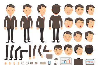 Businessman character creation set. Icons with different types of faces and hair style, emotions,  front, rear, side view of male person. Moving arms, legs. Vector illustration