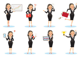 Obraz premium Businesswoman working poses. female isolated on white background. vector illustration