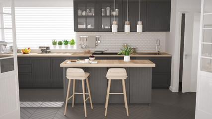 Scandinavian classic kitchen with wooden and gray details, minimalistic interior design