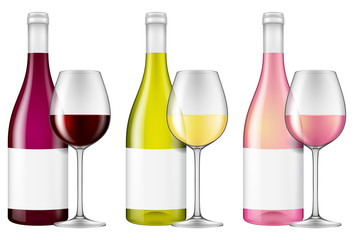 Wine bottles and glasses - red, white and rose wine. Vector illustration with smart transparencies - will work against any background!