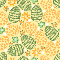 Cute seamless pattern with eggs, flowers and hearts. Happy Easter. Holiday background.