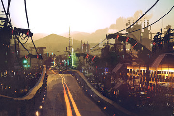 sci-fi scenery of highway street on futuristic city with structures and buildings at sunset,illustration painting © grandfailure
