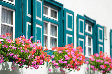 Fototapeta na wymiar The classic facade of the German House with windows and flowers