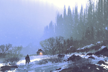 Naklejka premium winter landscape with snow storm and a man walking to the wooden house,illustration painting