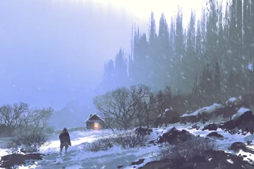 Foto auf Glas Winterlandschaft mit Schneesturm und einem Mann, der zum Holzhaus geht, Illustrationsmalerei © grandfailure