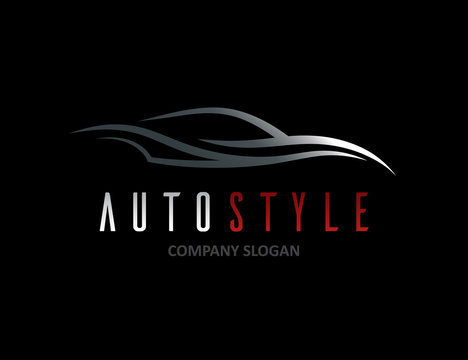 Automotive car logo design with abstract sports vehicle icon silhouette on black background. Vector illustration.