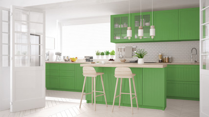 Scandinavian classic kitchen with wooden and green details, minimalistic interior design