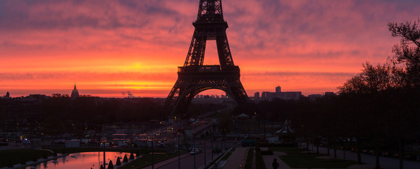 Awesome incredible pink-orange-lilac sunrise. View of the Eiffel Tower from the Trocadero. Beautiful  panoramic cityscape. Paris. France.