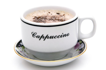 Top view of hot cappuccino cup isolated on white background