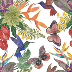 Watercolor painting tropical pattern with exotic flowers and leaves: bird of paradise, orchid and colibri birds, butterfly