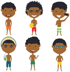 Beach african-american male characters vector illustration.