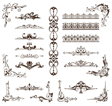 Art deco design elements of vintage ornaments and borders corners of the frameIsolated art nouveau flourishes on a white background