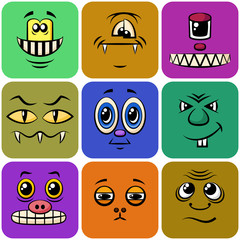 Set of Smileys, Monsters, Funny Cartoon Characters, Different Faces in Colorful Squares, Elements for Your Design, Prints and Banners, Isolated on White Background. Vector.