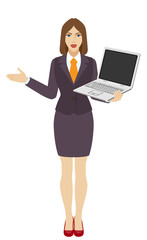 Businesswoman with laptop showing something beside of him