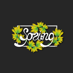 Spring. Lettering in flowers. Floral background. Card or banner. Vector illustration, eps 10