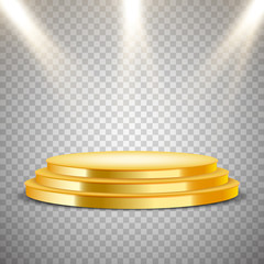 Golden round podium with lights effect, abstract background, vector