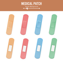 Medical Patch Vector. Two Sides. Adhesive Waterproof Aid Band Plaster Strips Varieties Icons Collection. Realistic Illustration Isolated On White Background