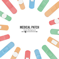 Medical Patch Vector. First Aid Band Plaster Strip Medical Patch Icon Set. Two Sides. Different Plasters Types. Realistic Illustration Isolated On White Background