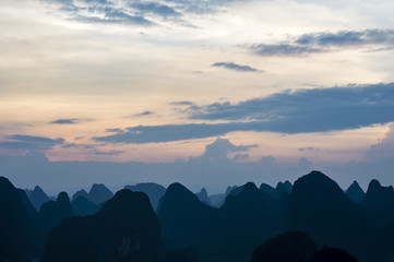 Karst mountains evening landscape in Guangxi Province, China