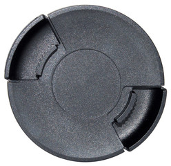 Black camera lens cap on white background.