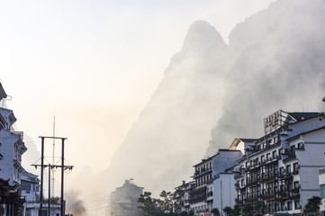 Yangshuo cityscape skyline with Karst mountains in Guangxi Province, China