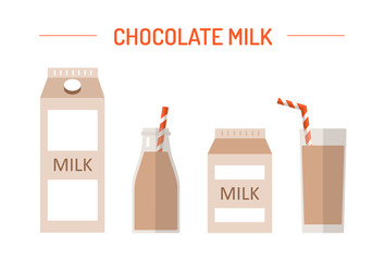 Set of chocolate milk in different packages: glass, carton, bottle isolated on white background. Elements for design dairy products, grocery store, etc. Vector flat design illustration.