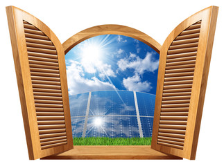 Wooden Window with Solar Panels Inside. Concept of residential solar energy
